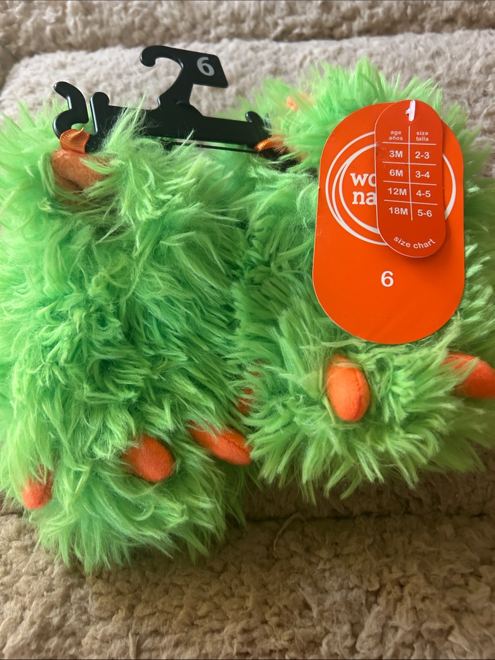 Green Fuzzy Monster Slippers with Orange Claws